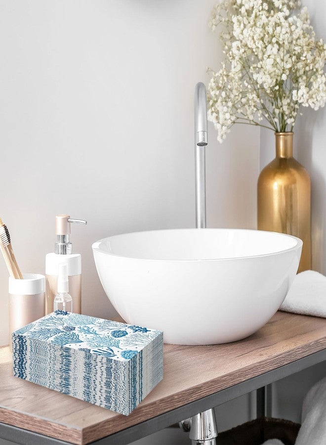 JarThenaAMCS مناديل ورقية للضيوف من جارثينا إيه إم سي إس، 100 قطعة، بتصميم الشعاب المرجانية، أبيض وأزرق، 3 طبقات، للاستخدام مرة واحدة، بنمط شاطئي، مثالية لحفلات العشاء وتزيين الطاولات. - Image 5